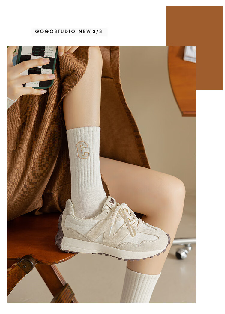 棕色袜子女春秋季中筒袜纯棉ins潮黑白色字母运动乐福鞋秋冬长筒 组合