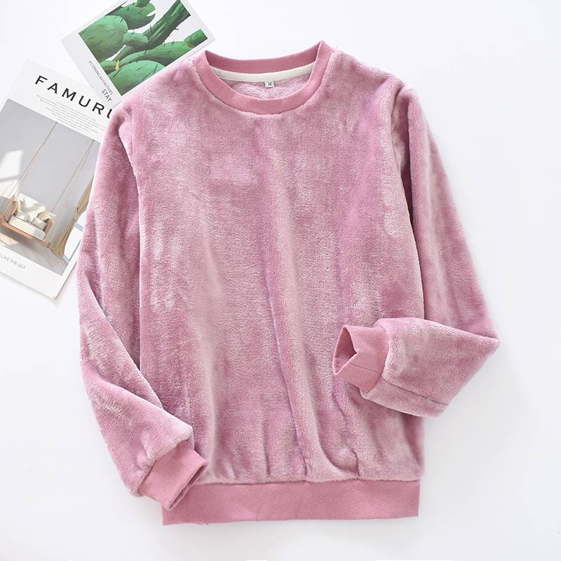 浪莎秋冬单件上衣男女法兰绒加厚无领套头家居服宽松珊瑚绒衣冬季男式