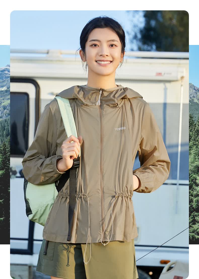 探路者皮肤风衣女2022春夏新款防晒外搭连帽松紧upf40户外舒适透气