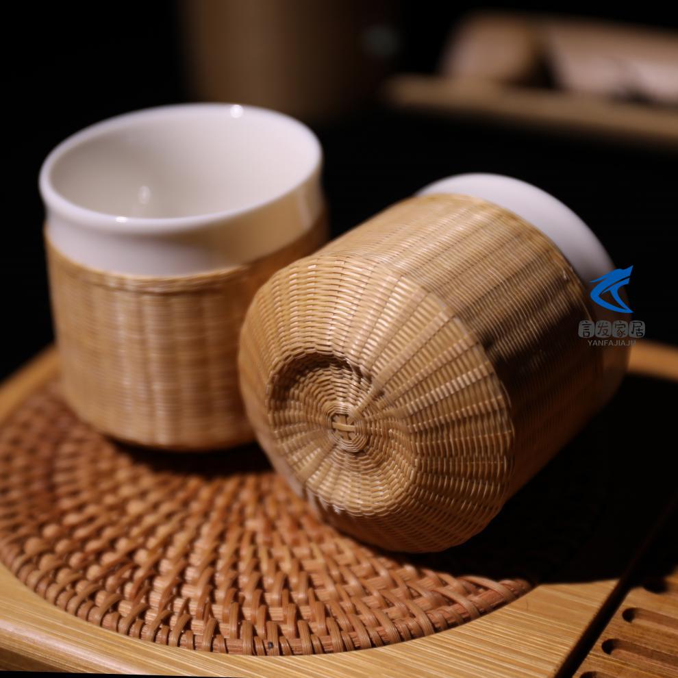 竹丝茶杯竹丝扣瓷主人杯个人杯瓷胎竹丝编竹节杯茶杯老外礼物竹编茶具