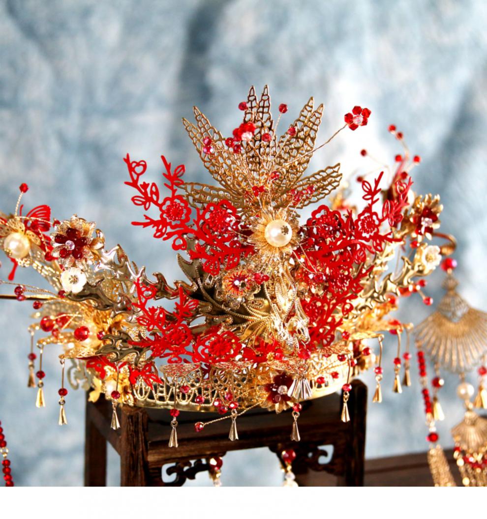 wishspace 中式婚礼红色古装发饰复古宫廷古典秀禾服凤冠新娘头饰步摇