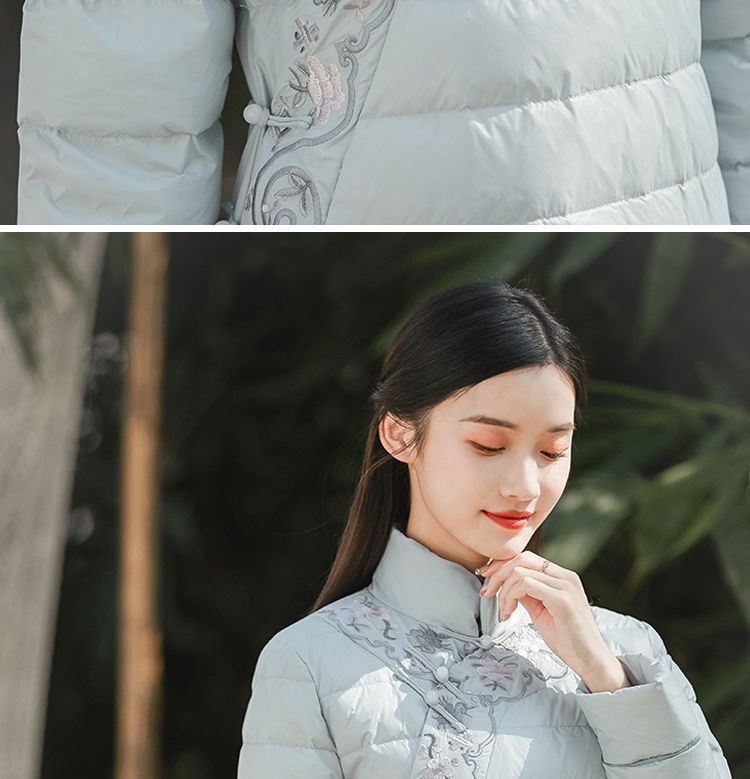 女士羽绒服中式秋冬季中国风立领斜襟绣花改良长款民国汉素 5743 xl