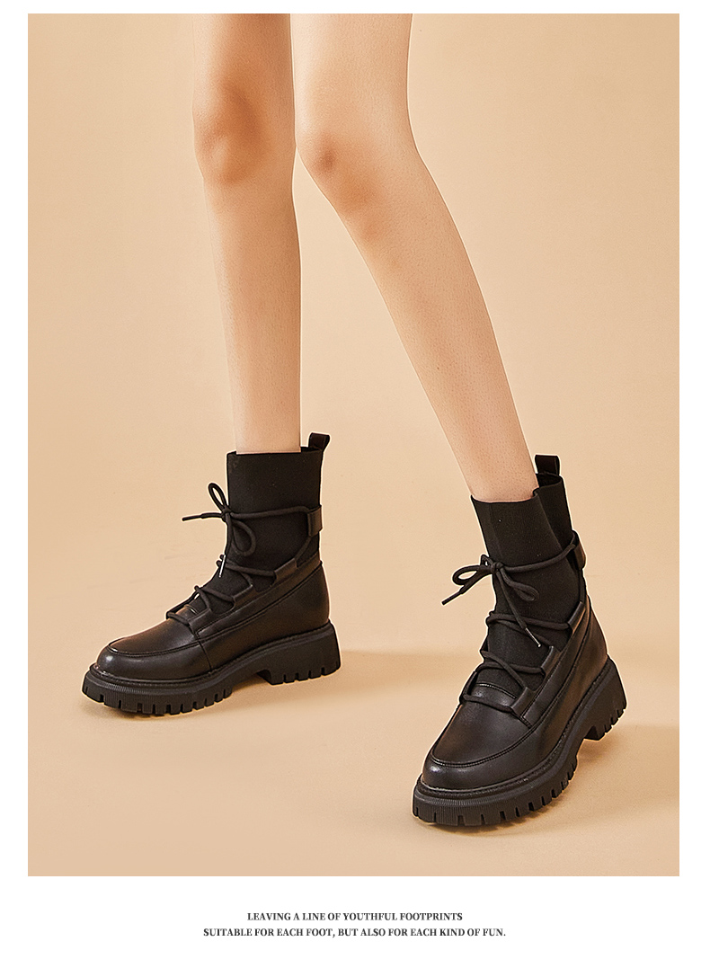 达芙妮女鞋子冬季马丁靴高帮英伦风新款黑色短靴厚底中帮单靴百搭中筒