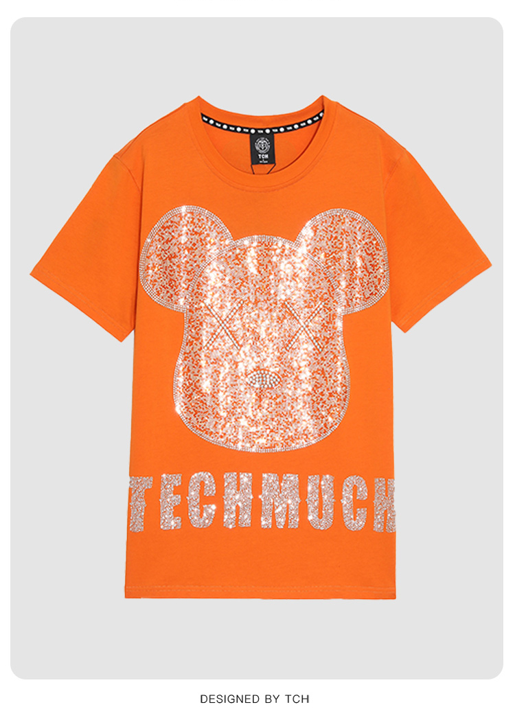 tch潮牌憨憨熊头字母烫钻橙色t恤男女同款t21110c3063橙色s