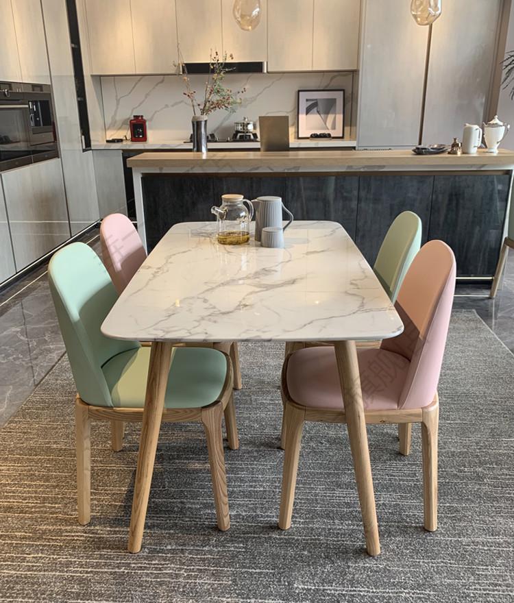 餐桌家用小户型粉色原木风蜡木北欧大理石餐桌椅样板房餐桌 6张无扶手