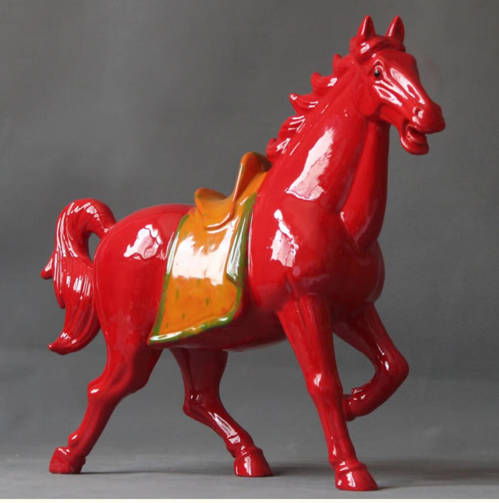 薰然陶瓷马摆件红色办公室客厅装饰品财风水唐三彩大红马工艺品礼品