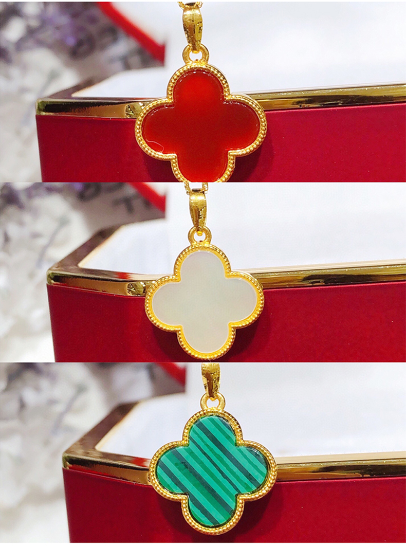 玛瑙金镶玉小幸运草吊坠18k金 绿色玛瑙四叶草吊坠 18ko字项链【图片
