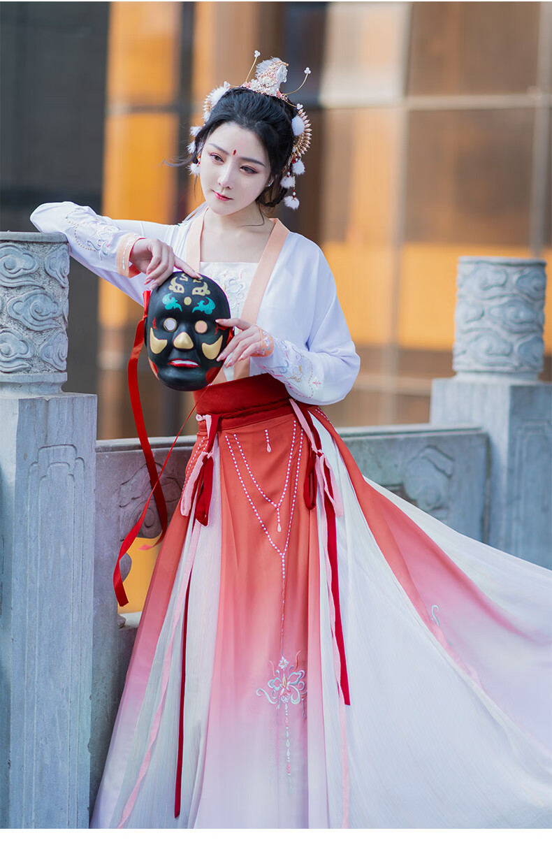 姽婳如梦霓裳汉服女襦裙半臂对襟齐腰原创刺绣花秋冬交嵛裙红白渐变下