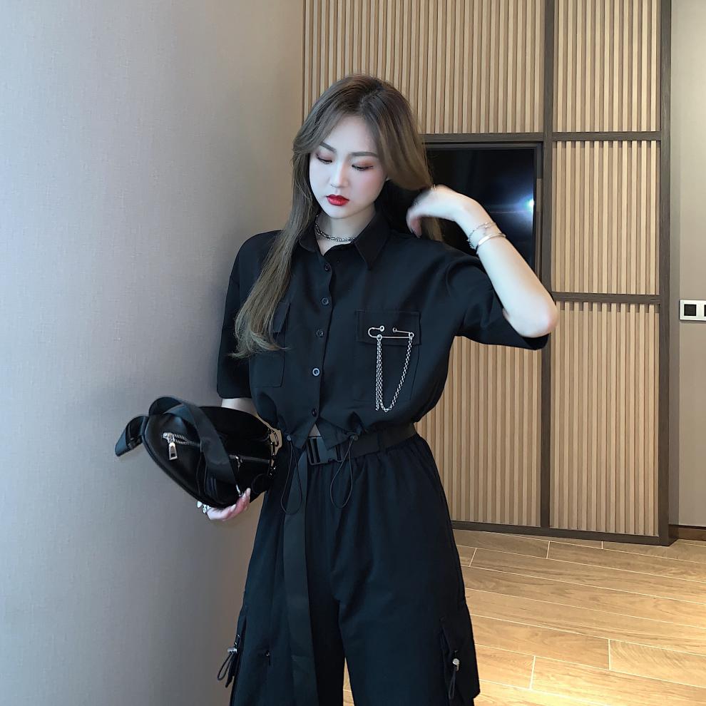 欧美女装酷风格黑暗系工装裤套装女潮夏季酷女孩穿搭帅气学生黑色