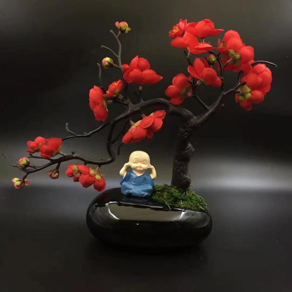 中式仿真花盆景腊梅装饰中国风客厅酒柜茶桌书房禅意梅花花艺摆件黑瓷