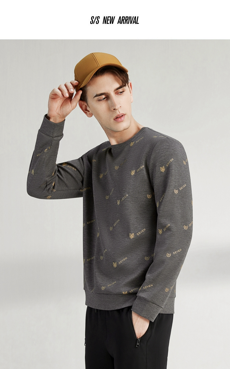 柒牌男装卫衣男2022春季新款官方旗舰时尚潮流青年虎头圆领印花黑色