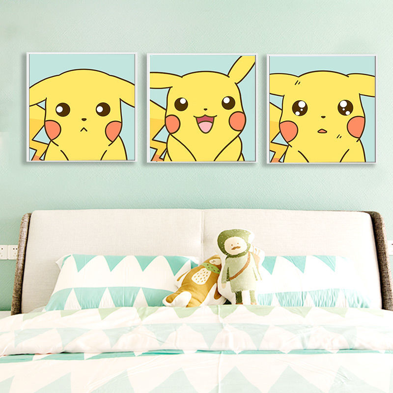 栩傲柯儿童房装饰画皮卡丘挂画卡通女孩可爱简约有框三联壁画精灵