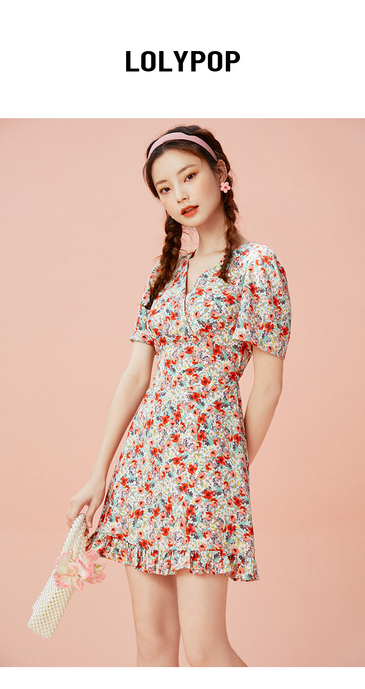lolypop洛丽帕女装短袖碎花连衣裙新款夏装v领修身裙子中长裙红花色s
