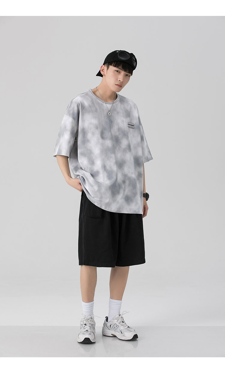 主野(zhu ye)日式短袖t恤男日系扎染休闲渐变色五分袖潮牌情侣中性风