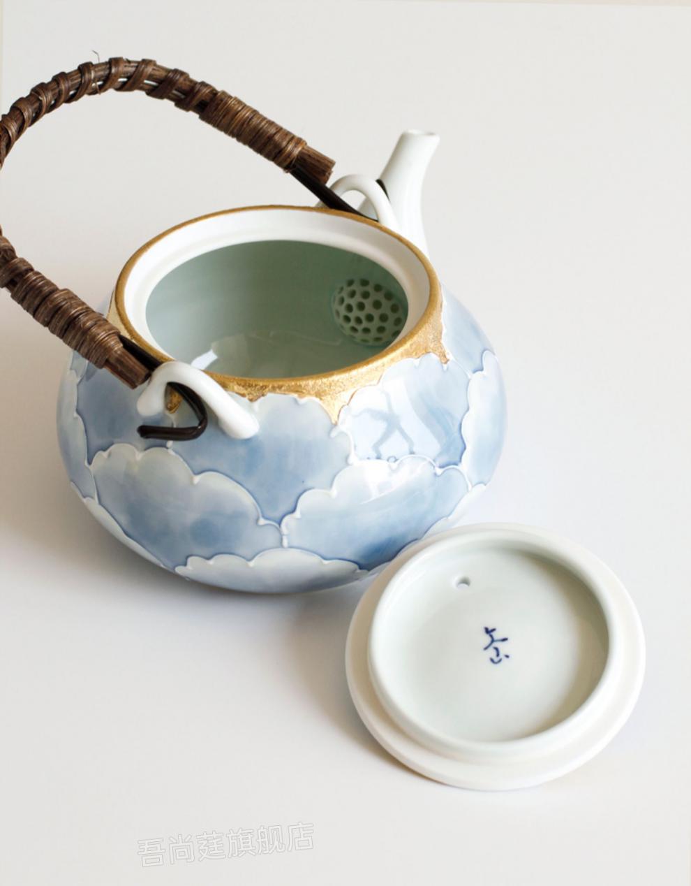 日本有田烧文山金箔牡丹拎手提梁壶陶瓷茶壶茶杯套装节日礼盒反仙茶杯