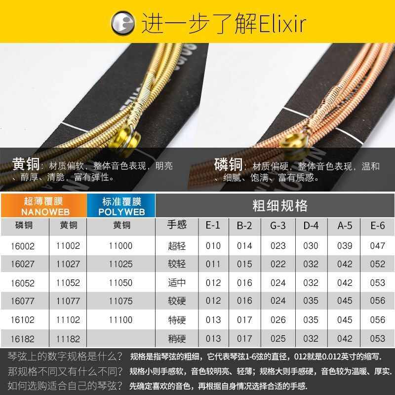 吉他弦伊利克斯琴弦民谣吉他弦elixir木吉他一套六根磷铜覆盖弦弦锌