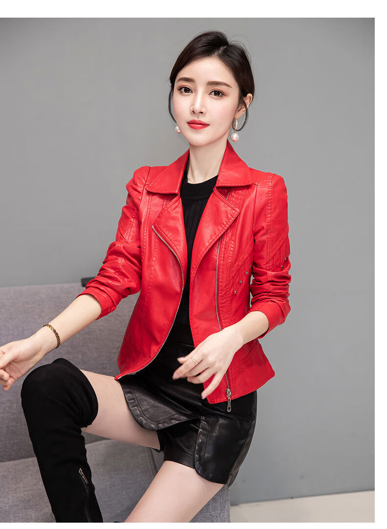 皮衣外套女皮衣皮裤裙时尚两件套2021新款韩版皮衣套装春秋外套女红色