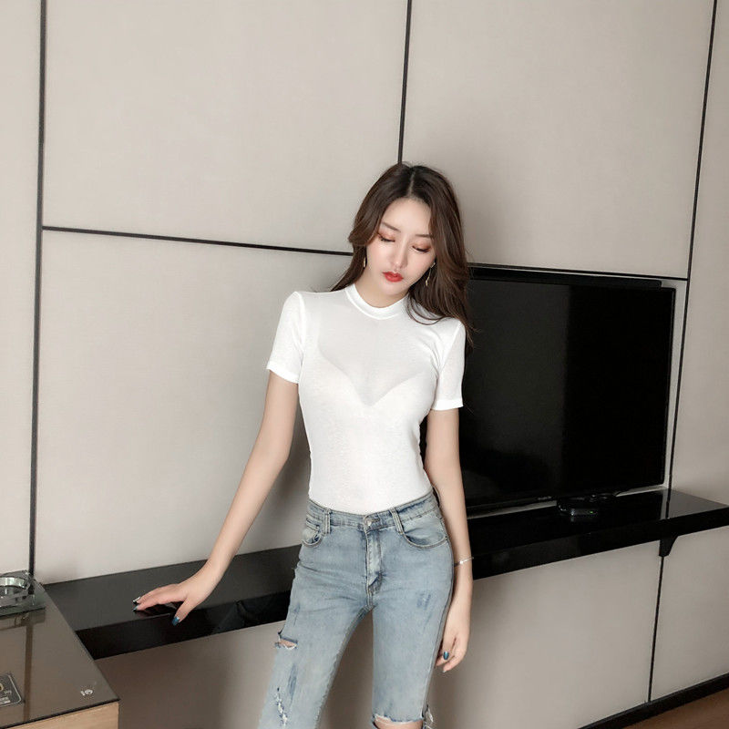 夏季新款弹力性感修身打底衫半袖上衣紧身透视薄款冰丝短袖t恤女白色