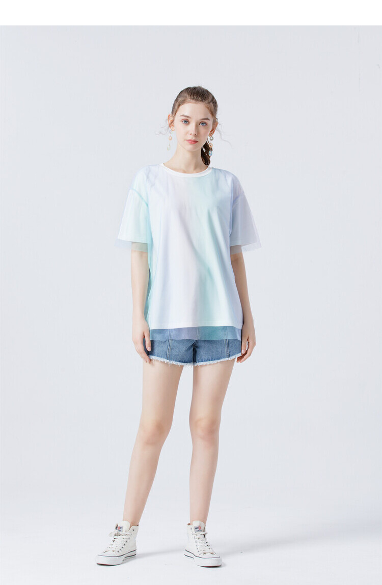 艾米恋 渐变色短袖t恤女2021年夏季新款宽松网纱假两件半袖上衣 嫩粉