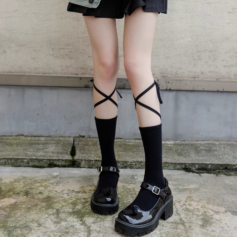 乐情玛风ins绑带袜交叉小腿袜绑腿袜jk韩版潮搭中筒袜子女棉袜绑带袜
