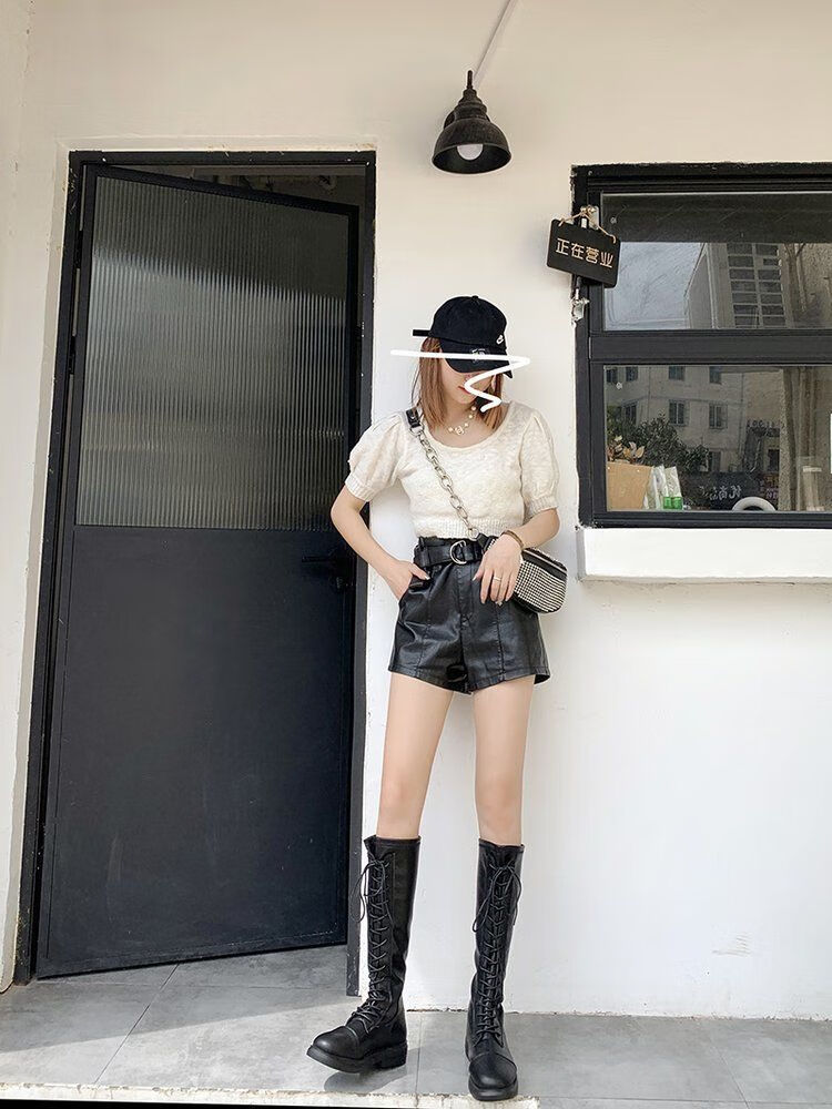 长筒靴女瘦瘦弹力靴秋冬季系带皮靴平底后拉链不过膝长靴骑士靴女黑色