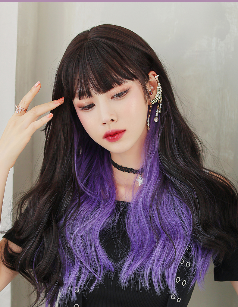 网红挂耳染长卷发韩式空气刘海蓬松自然逼真全头套式 挂耳丁香紫 7