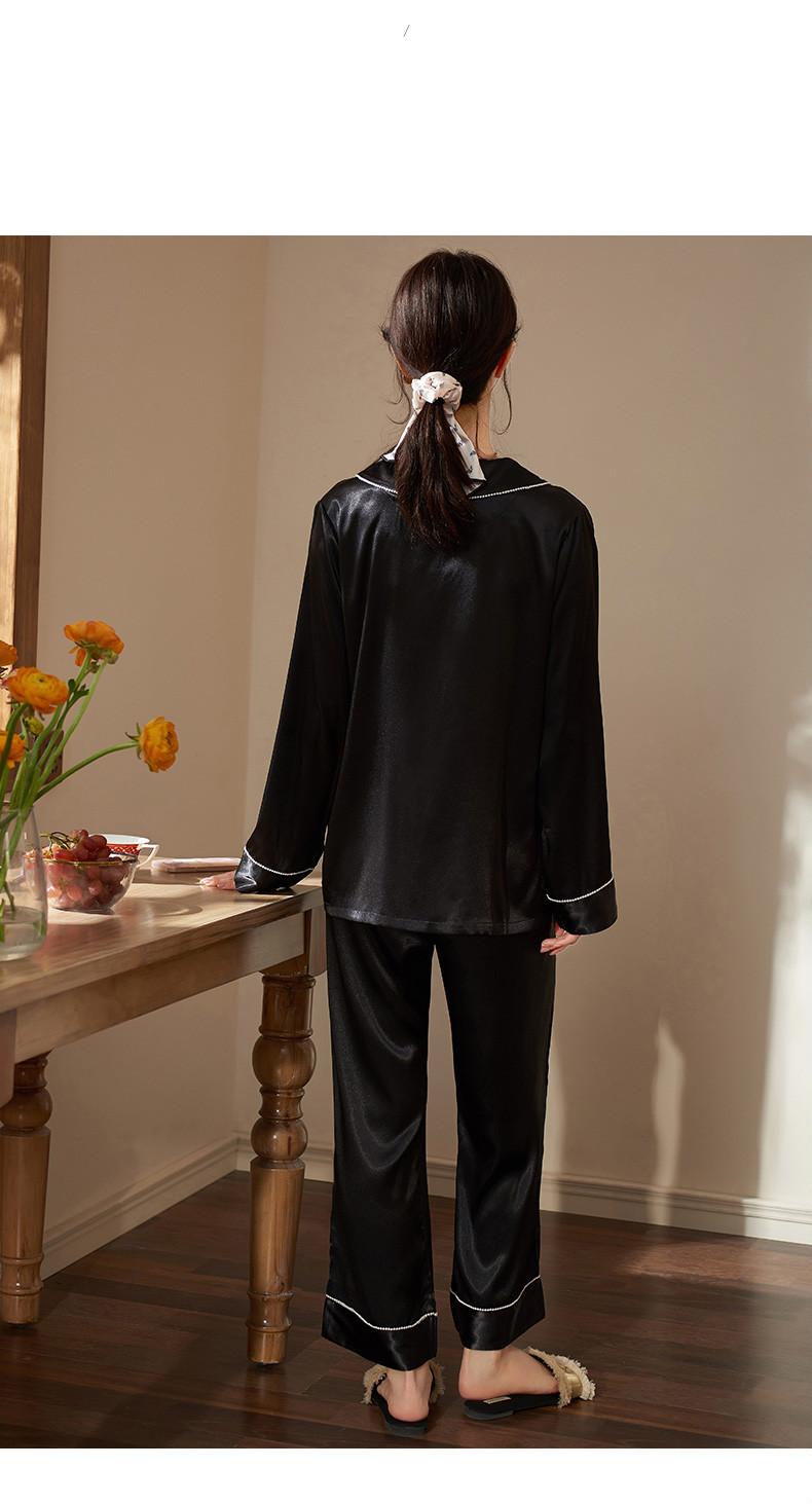 苏拉芬品牌冰丝睡衣女春秋长袖薄款复古黑色ins潮家居服感套装wzt05