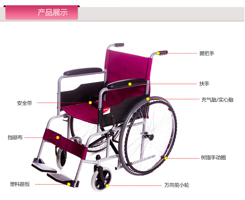 鱼跃轮椅老人家用舒适软座折叠轻便小巧手推车代步器助实心胎h007药房