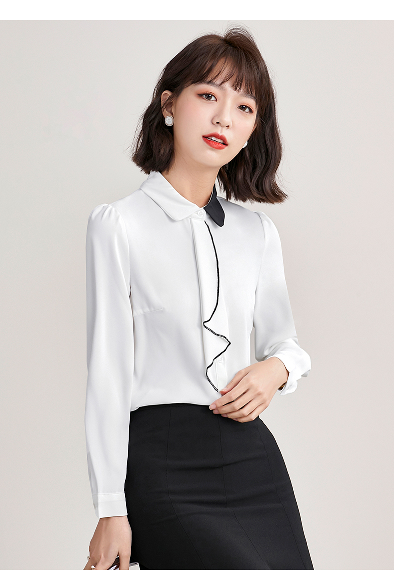 秦菲2021春季方领法式上衣长袖衬衫女修身时尚气质职业装女士拼接衬衣