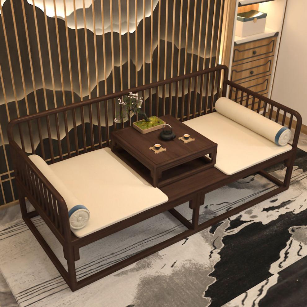 碧娟 新中式实木罗汉床禅意简约现代客厅布艺懒人贵妃榻民宿酒店沙发