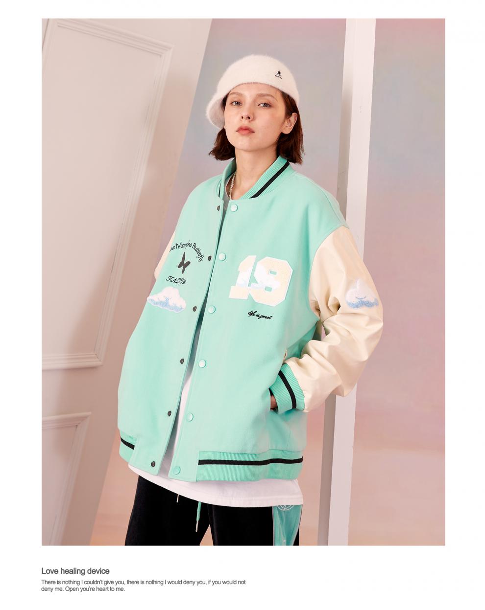 tnqt心碎创可贴潮牌白云立体毛巾绣pu皮棒球服毛呢夹克外套男女蓝色xs