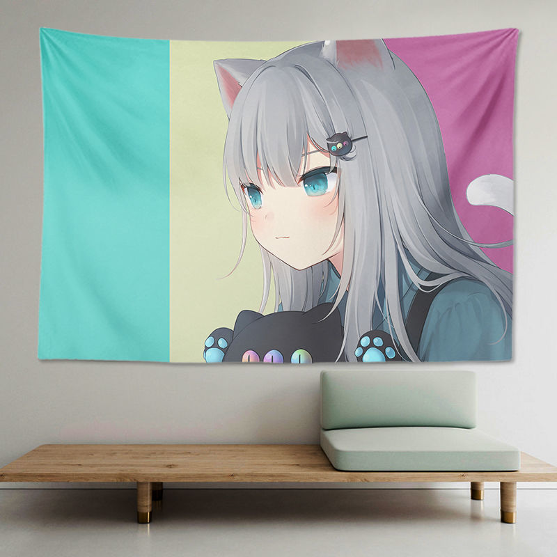 猫羽雫背景布甘城老师原创挂布猫耳女孩猫娘动漫挂毯学生宿舍浅黄色