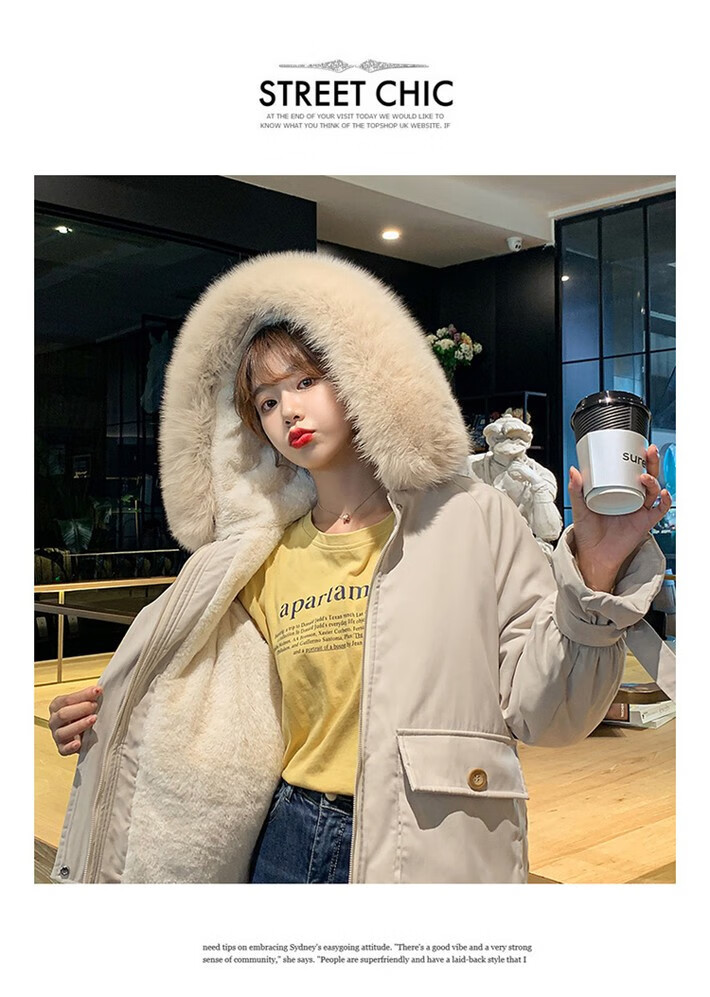 105981-拉夏贝尔棉服女21年新款女装百搭工装派克服女气质时尚冬装 米白色 L-详情图
