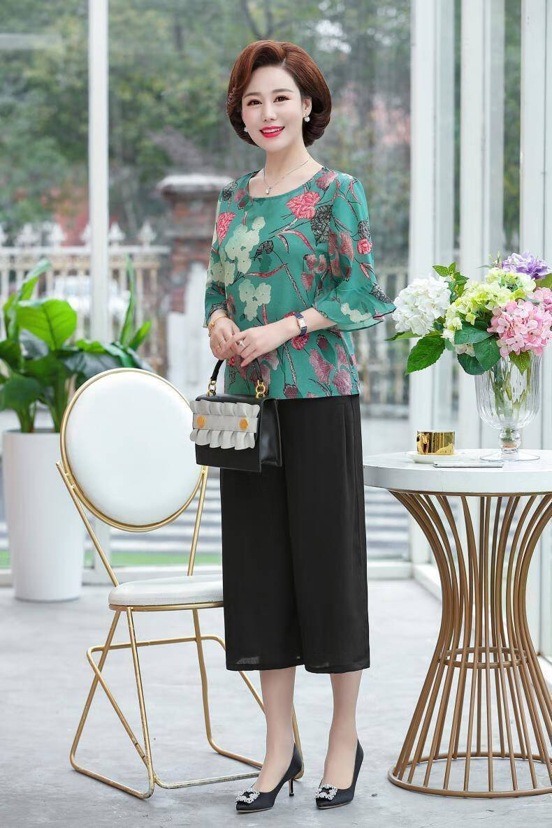 中年装夏装大妈套装中老女装短袖t恤两中年女雪纺上衣单件 a888款