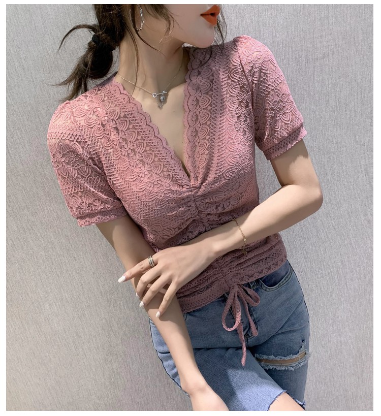 夏季年轻女性低领性感t恤女短袖低胸宽松夏装新款抽绳t恤百搭v领蕾丝