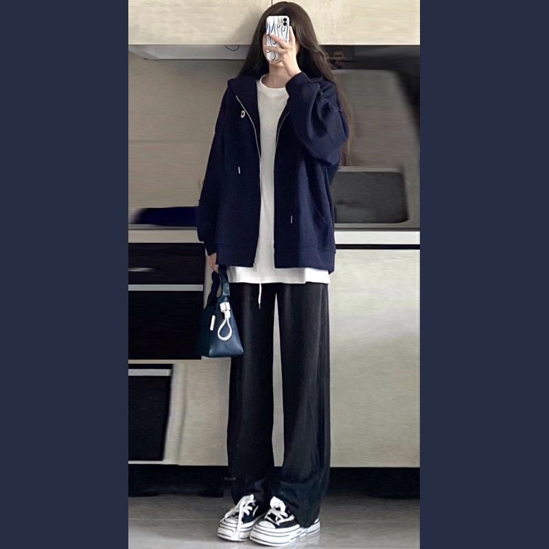卫衣女冬卫衣女潮ins宽松简约慵懒风外套黑色休闲裤商场同款藏青色
