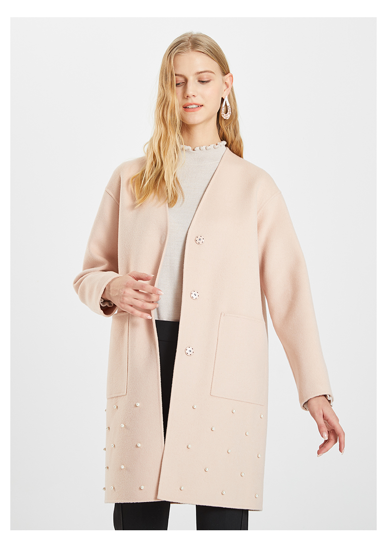 gerolamo女装春季季樱花粉v领中长款粗花呢珍珠双面呢大衣女粉红色160