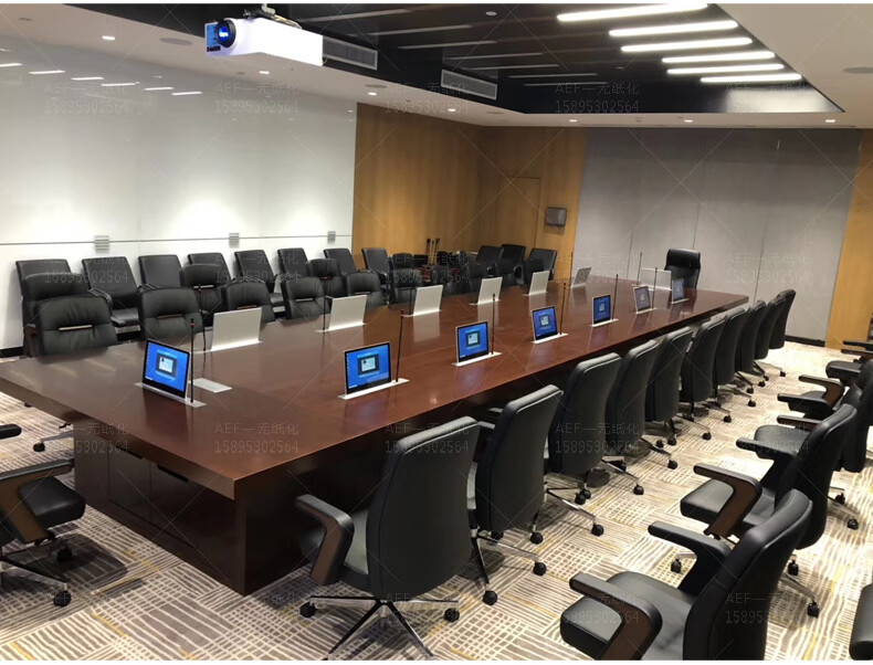无纸化会议桌 大型实木油漆智能会议桌长桌无纸化会议升降屏显示器办