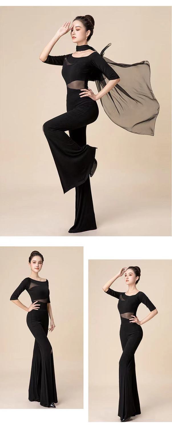 形体服装训练女套装优雅仪态模特气质礼仪练功服导师服秋冬女黑色拼纱