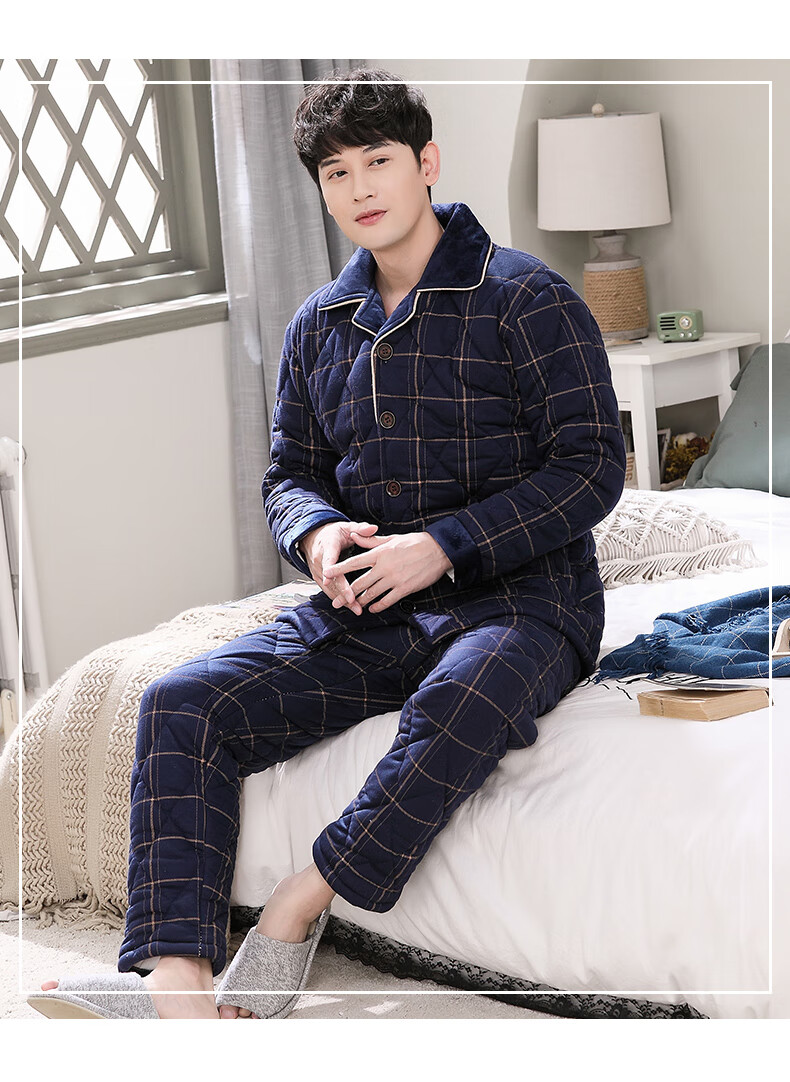 冬季三层加厚纯棉男睡衣三层棉布夹棉家居棉服加棉中老年爸爸套装 深