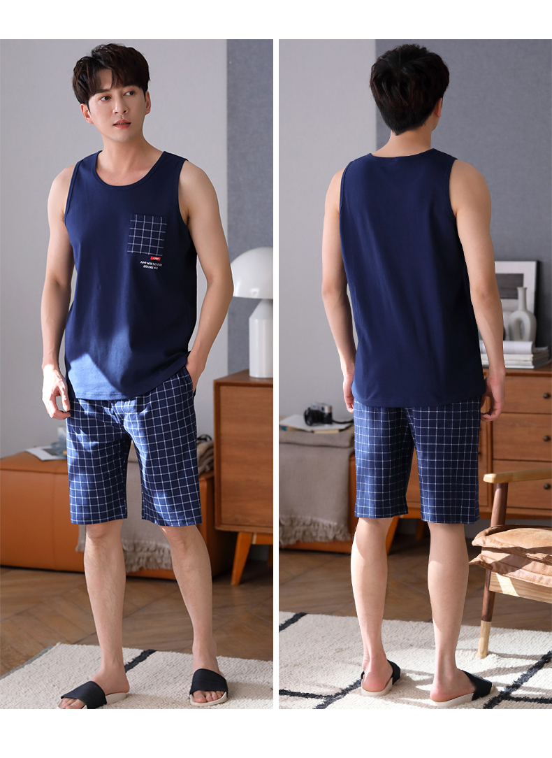 睡衣男士夏季纯棉背心短裤薄款夏天青少年休闲无袖大码家居服套装
