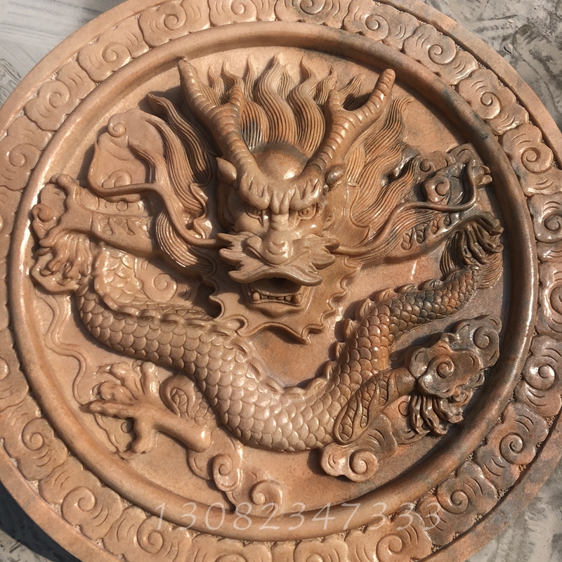 珠筠 石雕龙吐水圆形龙出水口鱼池墙水景龙头浮雕壁画喷水摆件石头