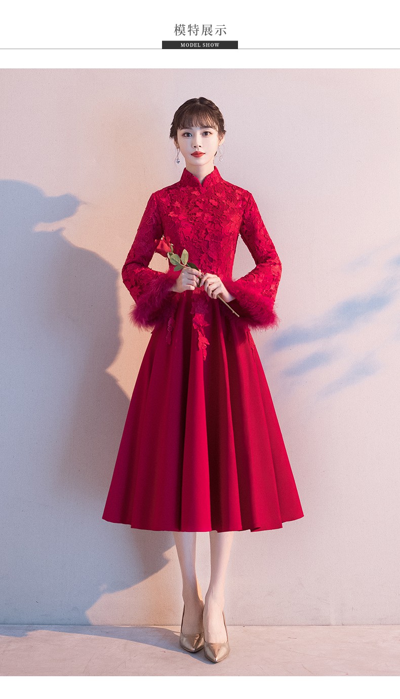 小个子新娘冬季迎宾敬酒服酒红色冬季加厚冬天旗袍结婚晚礼服裙女 酒