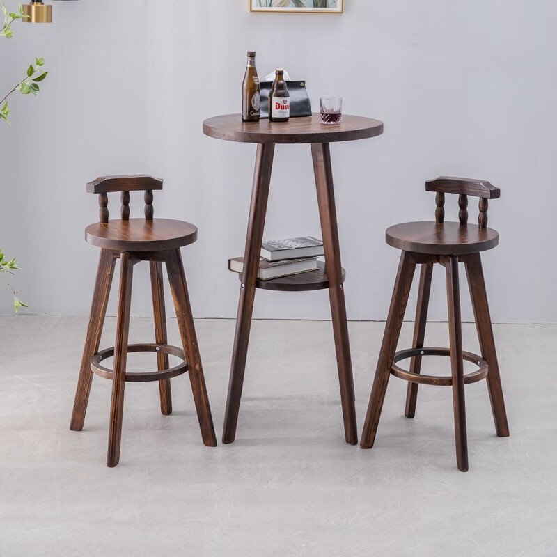 实木复古吧台椅新中式旋转用咖啡厅酒吧高脚凳欧式岛台做旧吧凳蓝色皮