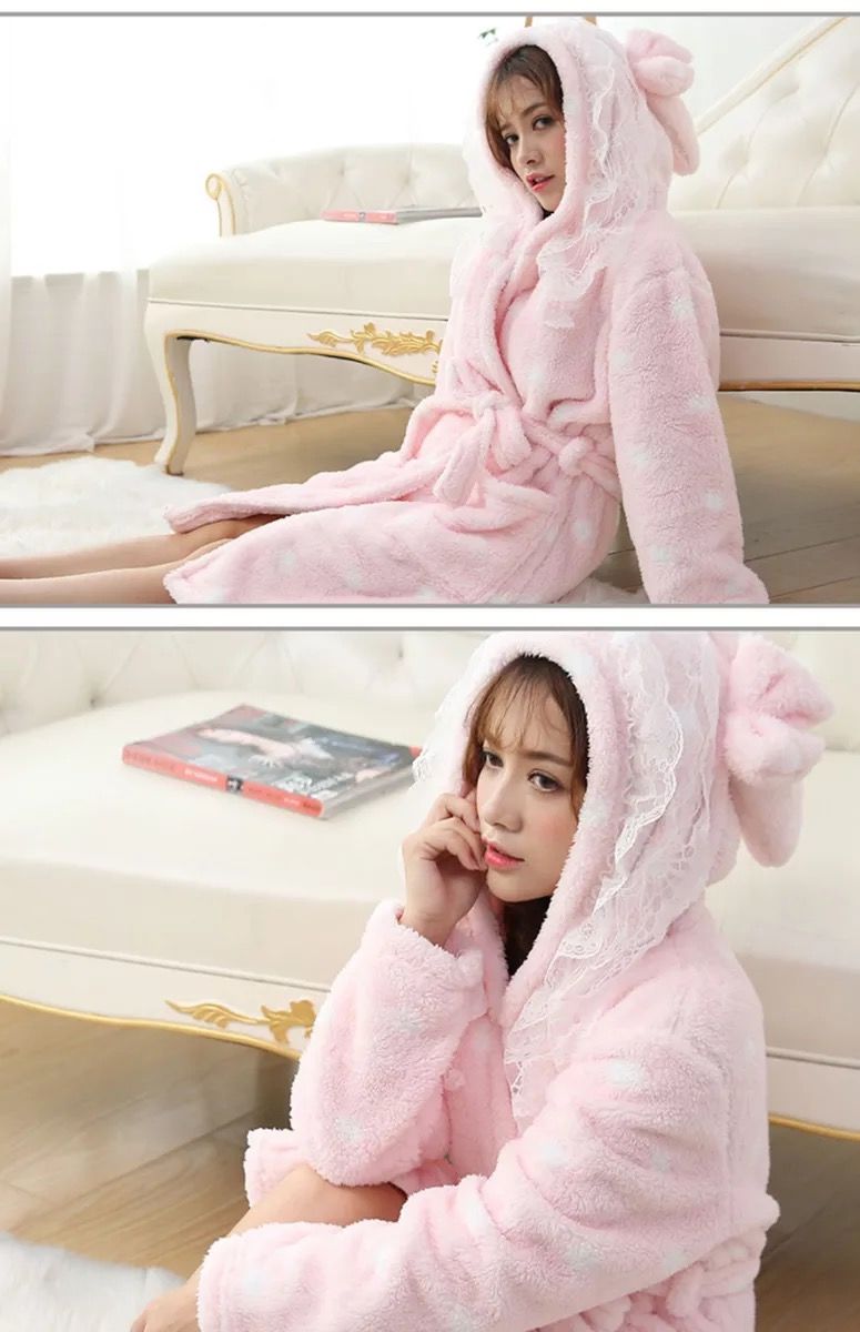 珊瑚绒睡袍女秋冬加厚法兰绒学生浴袍可爱卡通蕾丝浴衣韩版家居服可爱