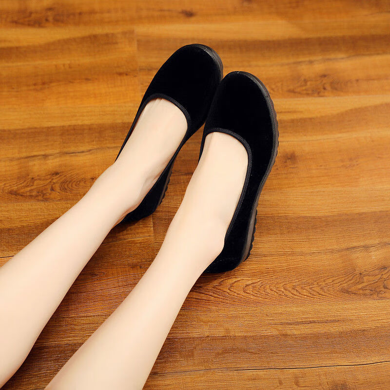 老北京布鞋工作单鞋女平底坡跟松糕一字带酒店上班礼仪舞蹈黑布鞋 703