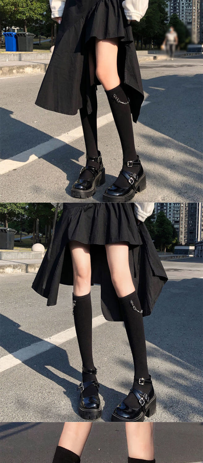 风小腿袜暗黑系链条袜子jk袜日系学生棉袜中筒袜女天鹅绒黑色春夏均码