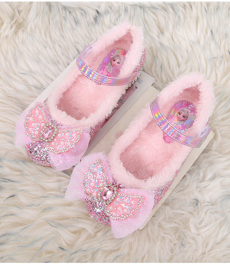 儿童高跟鞋加绒爱莎公主鞋冬季新款女童棉鞋宝宝毛毛鞋小女孩皮鞋水晶