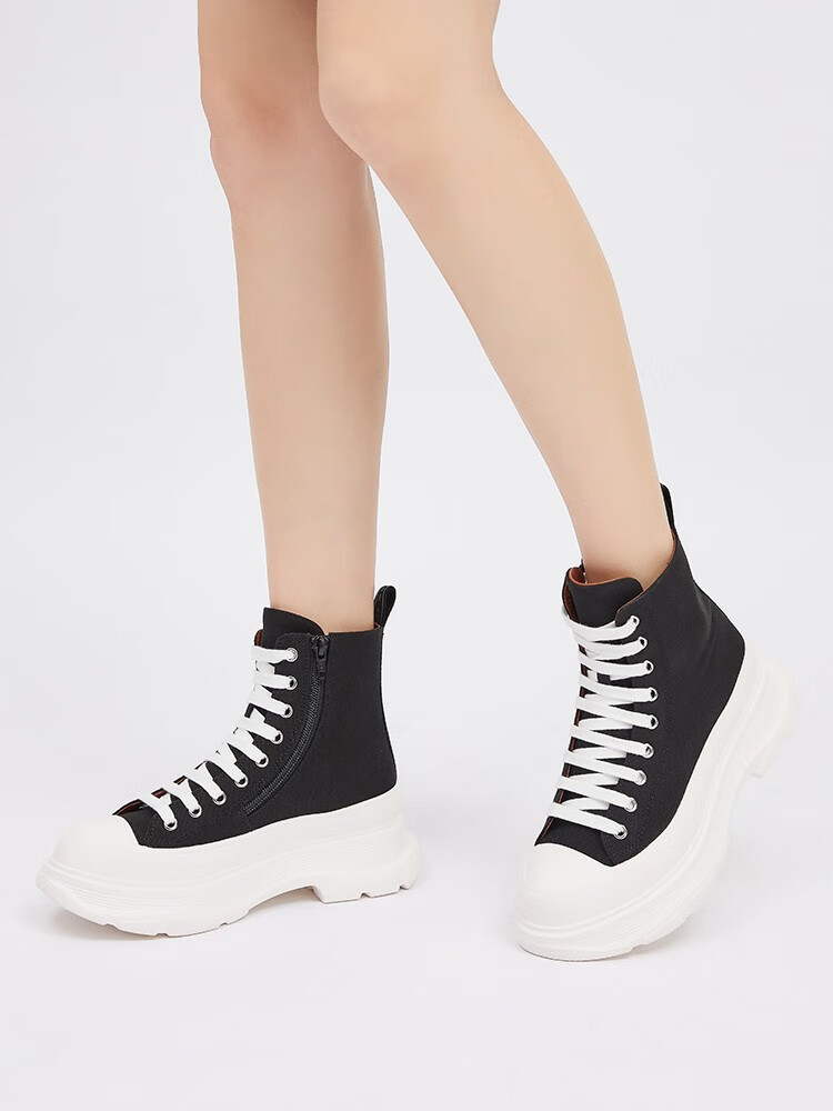 哥弟女鞋2022早春新款厚底高帮绑带帆布鞋女休闲鞋白粉34