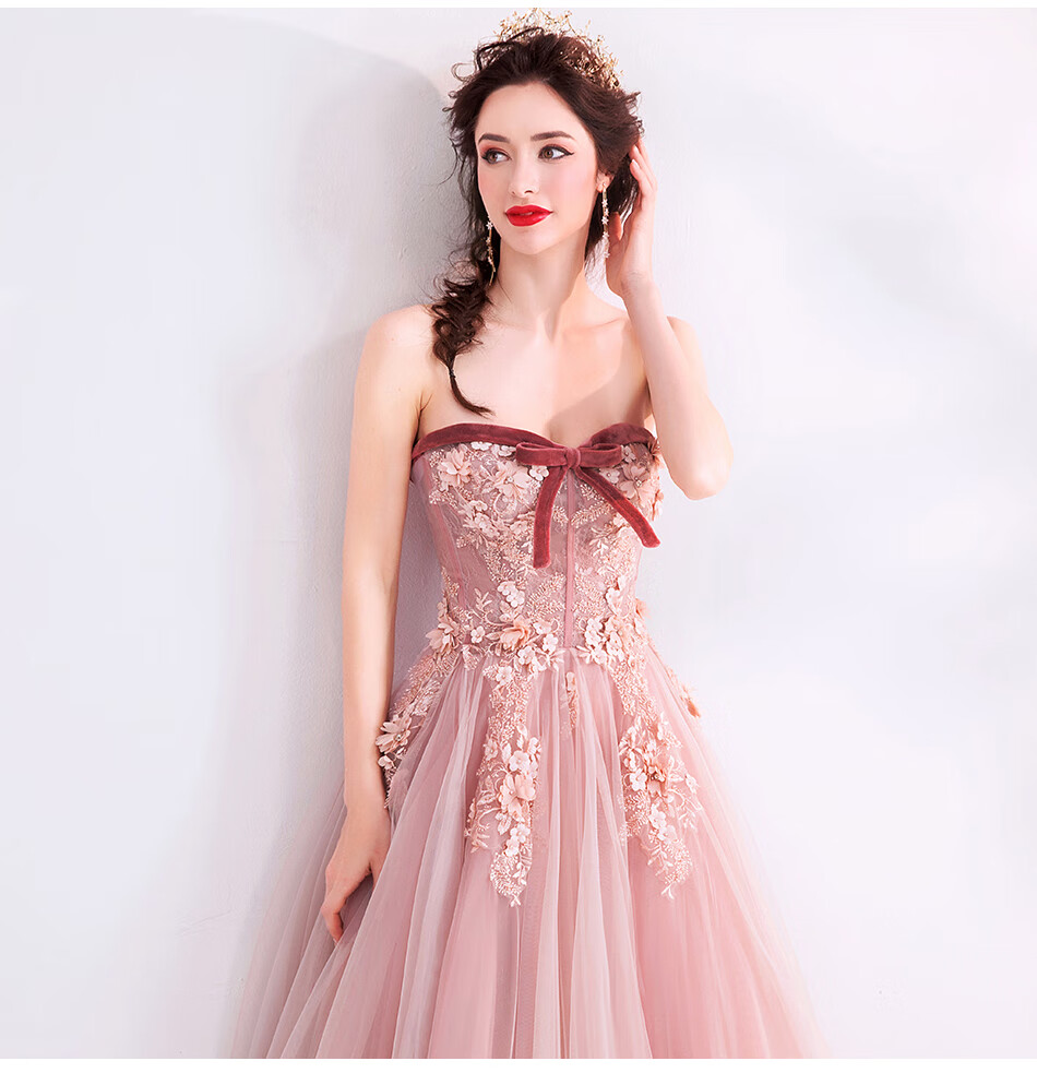 气质豆沙粉色新娘结婚敬酒服伴娘宴会订婚艺考婚纱晚礼服 豆沙粉 xxl